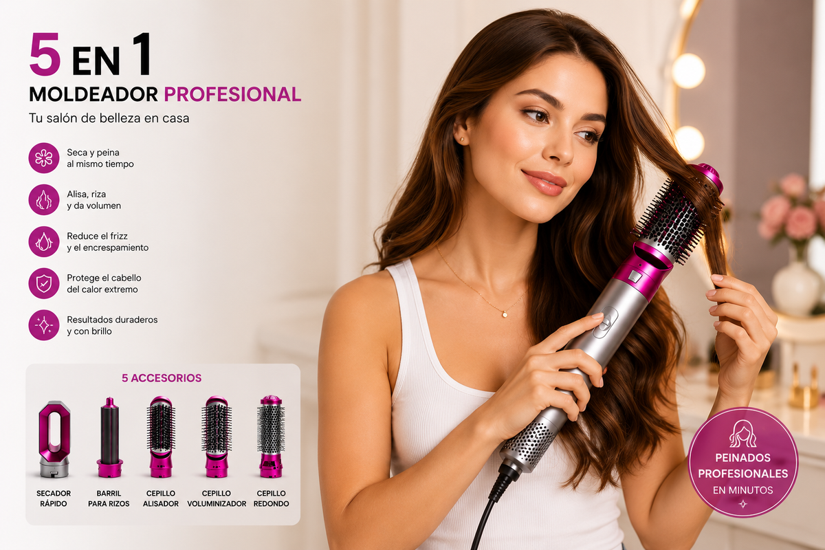 GlowStyle Pro™ 5 en 1 – Seca, Riza, Alisa y Elimina el Frizz en Minutos